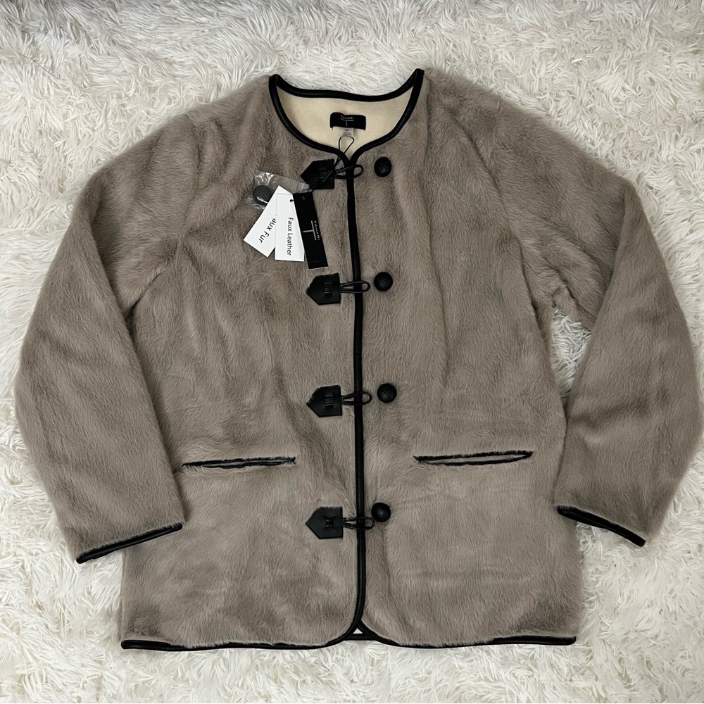 Women's Warm Gray Faux Fur Coat with Faux Leather Black Trim